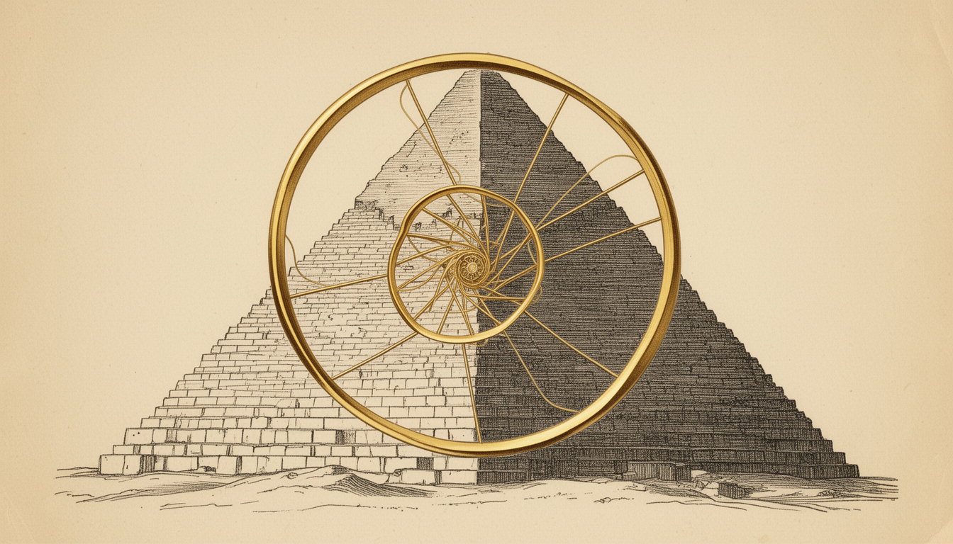 Generated illustration: A pyramid silhouette with a golden ratio spiral overlaid on its profile.