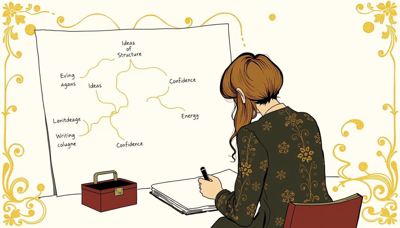 Generated illustration: A writer studies a blank page as a branching diagnostic map beside a small toolbox.
