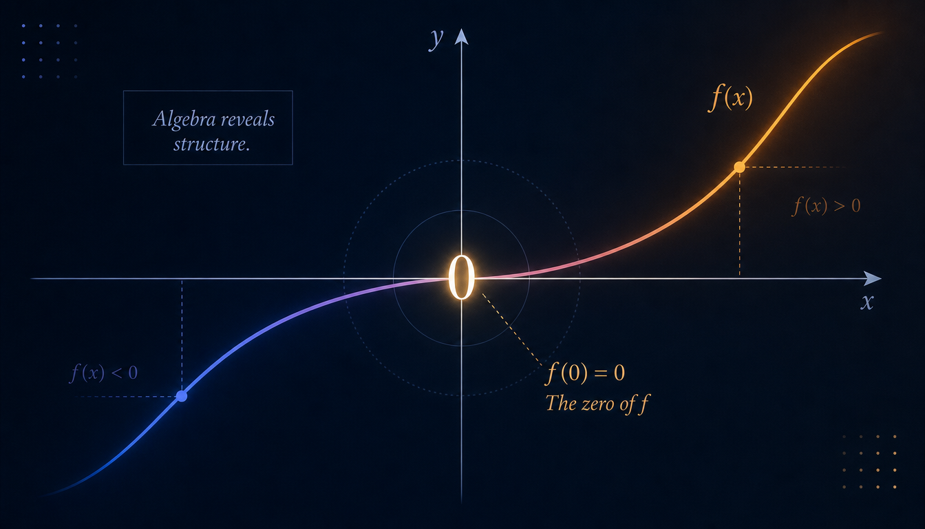 Generated illustration: A geometric curve intersecting an axis at a clearly marked, luminous zero point.