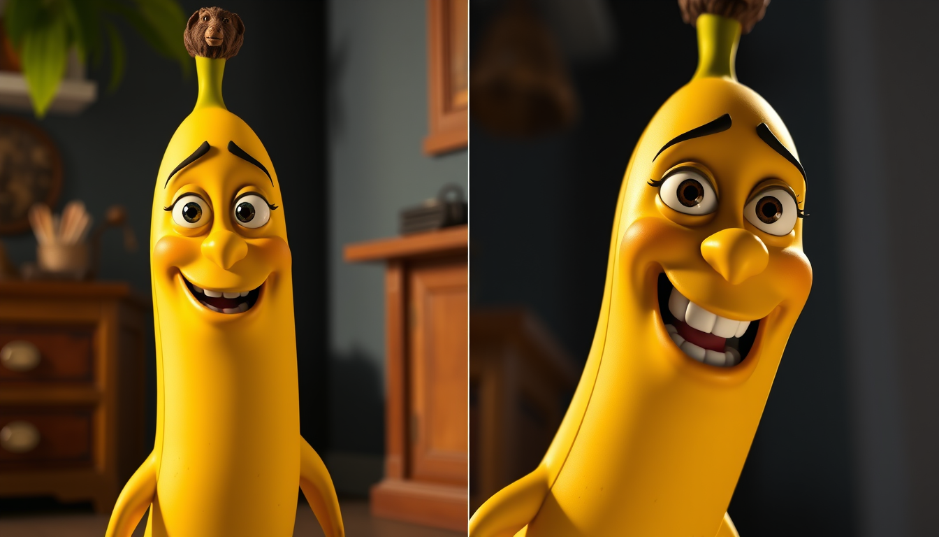 Generated illustration: Side-by-side comparison of a banana character in a medium shot versus a tight, low-angle close-up.
