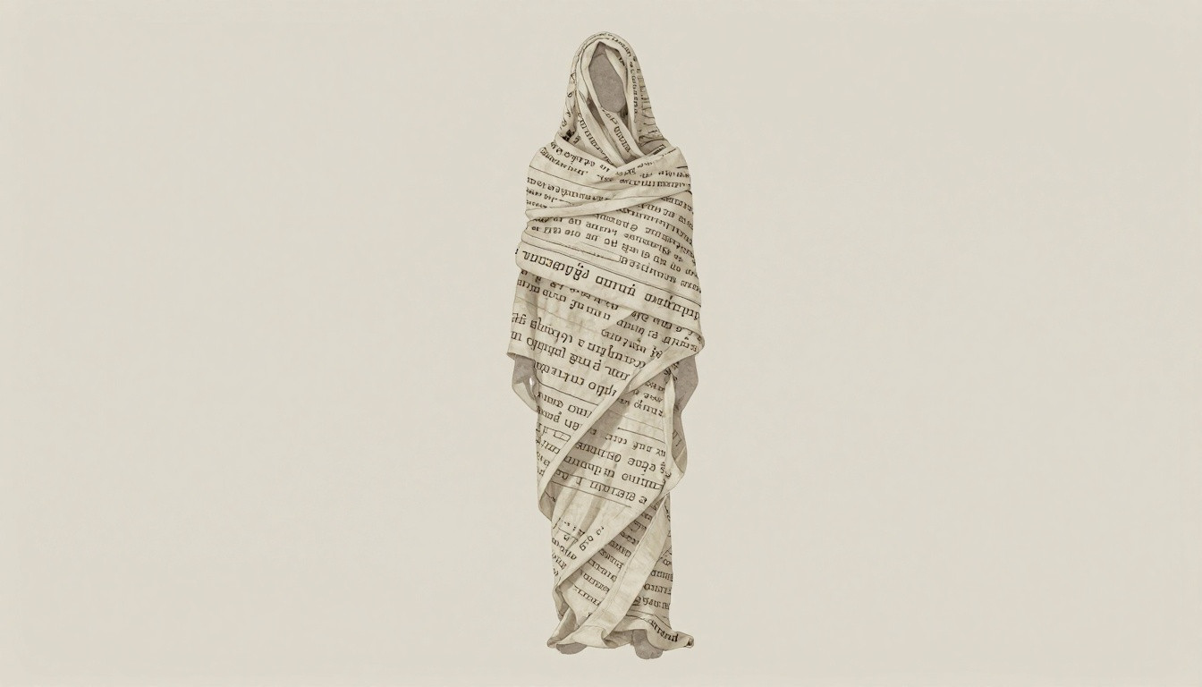 Generated illustration: A silhouette of a figure wrapped in linen strips featuring faint, ancient writing.