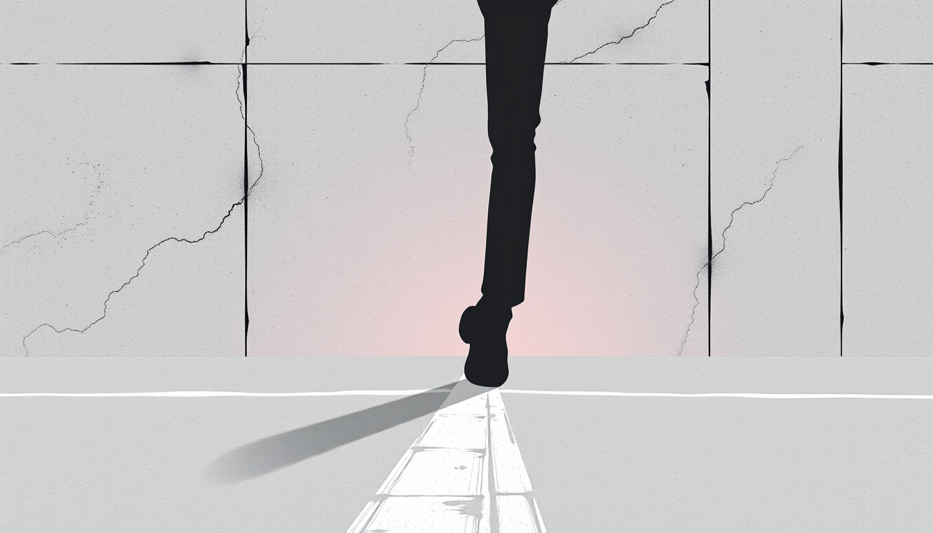Generated illustration: A person steps over a thin painted line as an imagined concrete wall dissolves behind it.