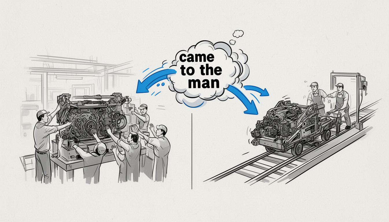 Generated illustration: A two-sided editorial illustration contrasts workers reaching for a stationary chassis versus the chassis moving toward workers, visualizing Ford’s question.