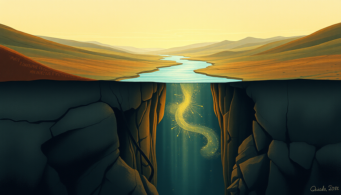 Generated illustration: A river flowing both above and below ground, with the subterranean section glowing with golden light.