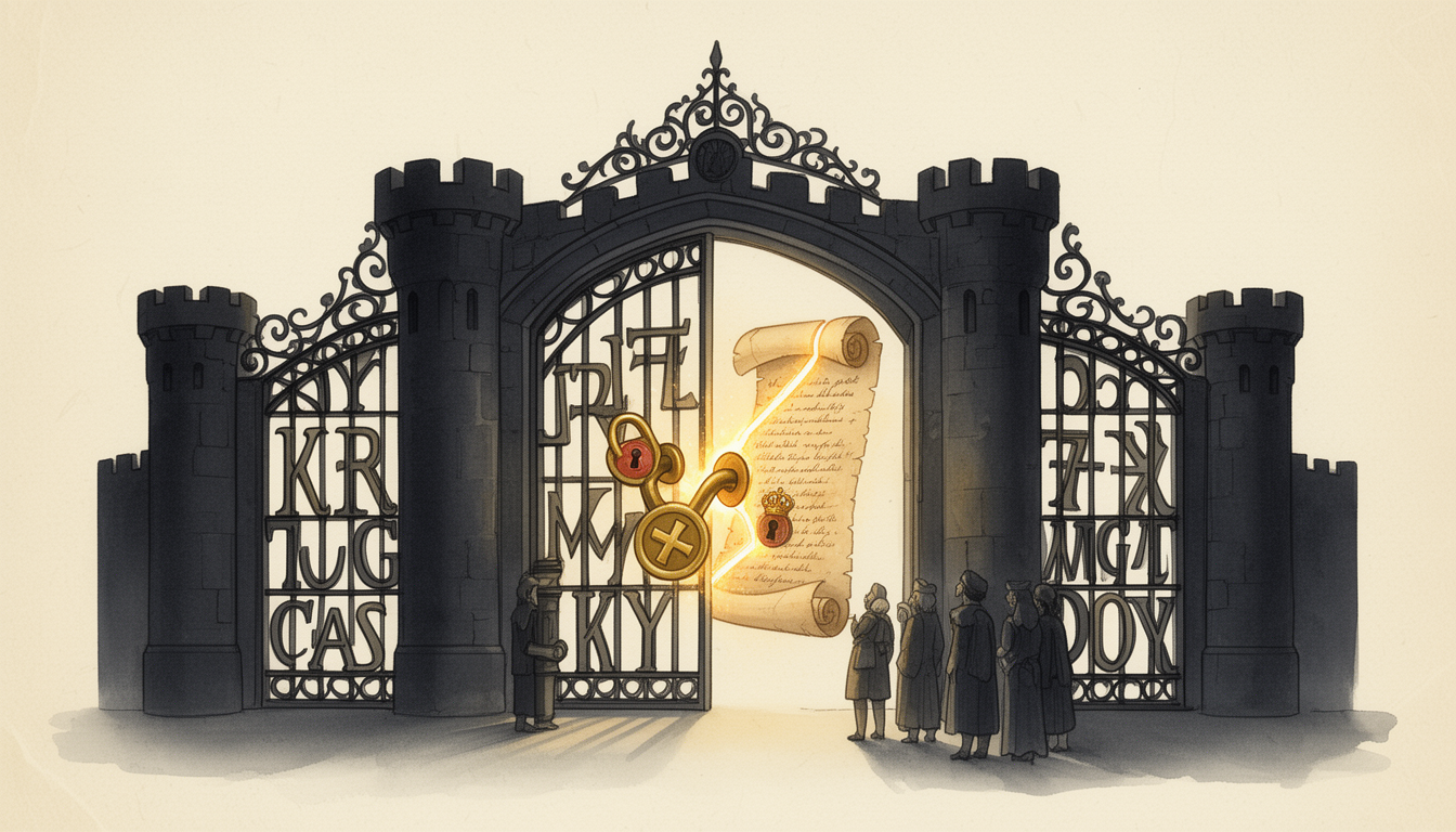 Generated illustration: A locked library gate with seals and iron grilles shaped like letters, blocking access to a glowing parchment scroll of knowledge.