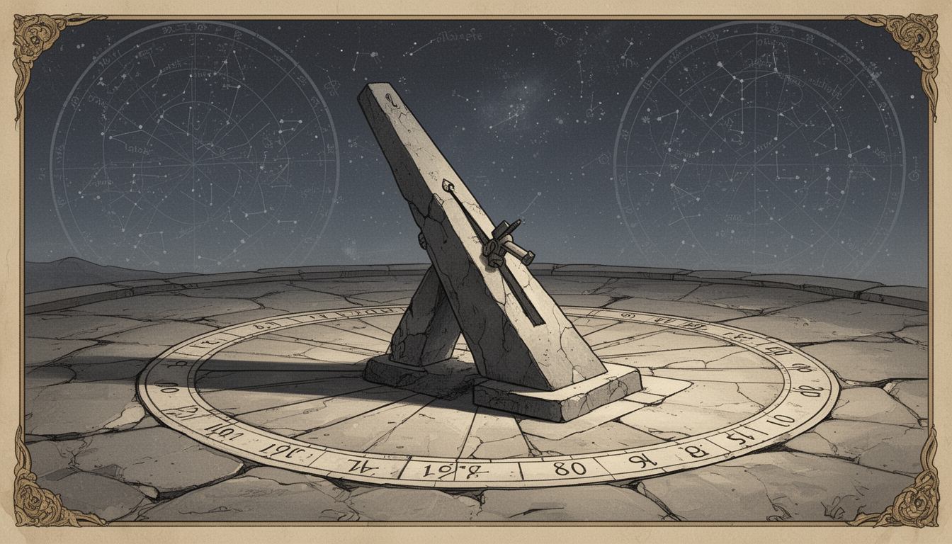 Generated illustration: A stone gnomon casting a shadow on a marked floor with celestial patterns above.