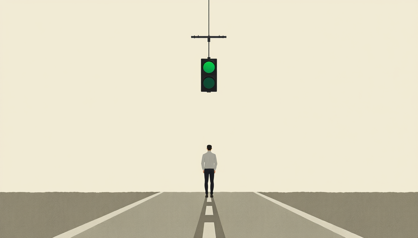 Generated illustration: A person pauses beneath a green traffic light suspended over an empty path.