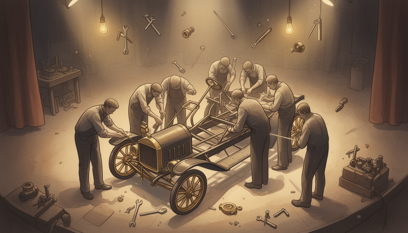 Generated illustration: Skilled mechanics huddle around a stationary Model T chassis with tools and parts arranged around them, illustrating early craft-style car building.