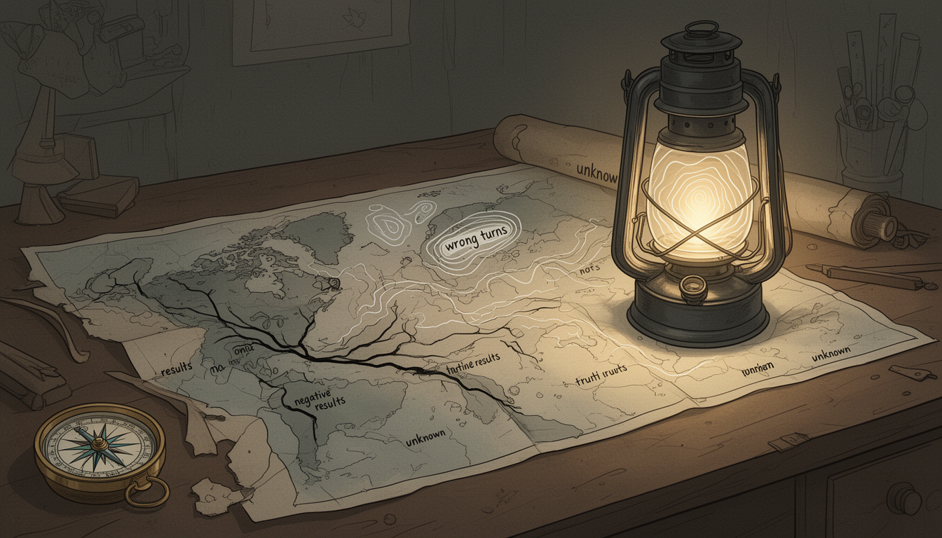 Generated illustration: An illustrated map and compass show negative results as dark “wrong-turn” lines guiding toward where truth is not.