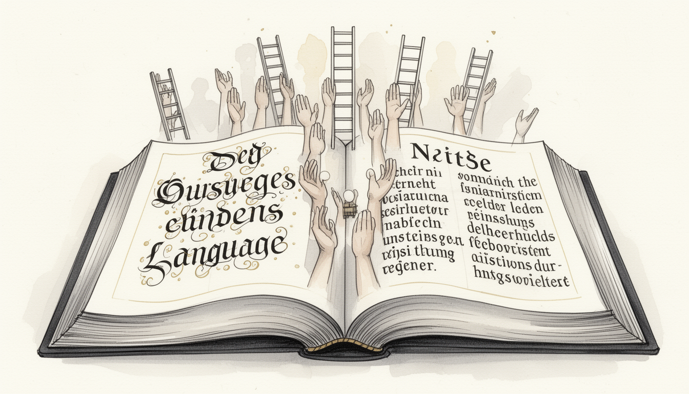 Generated illustration: Two illustrated Bible pages in different letter styles, surrounded by readers taking part, symbolizing vernacular printing in German and English.