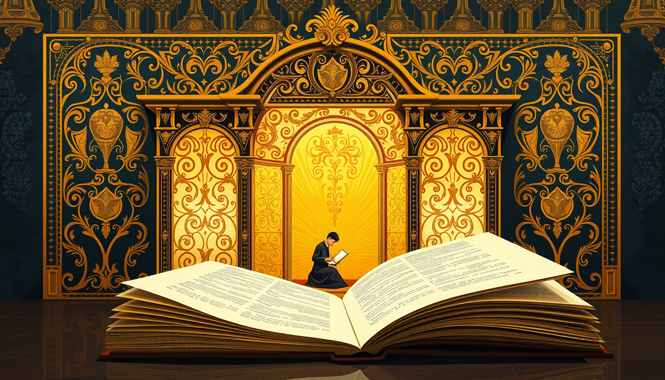 Generated illustration: A writer builds the glowing middle of an ornate manuscript structure before its entrance.
