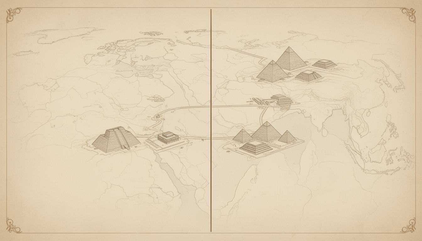 Generated illustration: A map showing multiple pyramid sites connected by a single straight line.