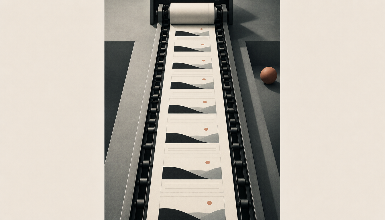 Generated illustration: A set of perfectly aligned finished pages slides like a conveyor belt, suggesting completeness without visible imperfection.
