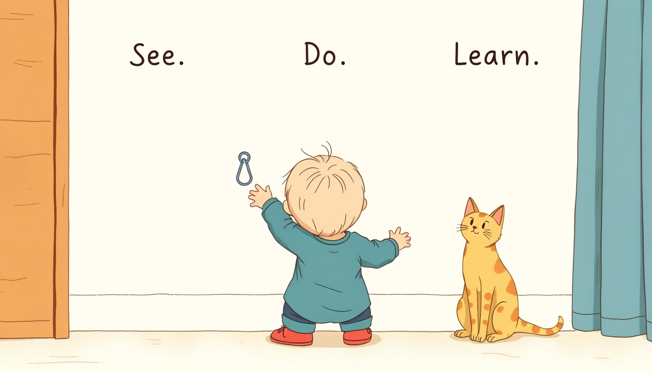 Generated illustration: A toddler explores objects in a three-step sequence labeled See, Do, Learn.