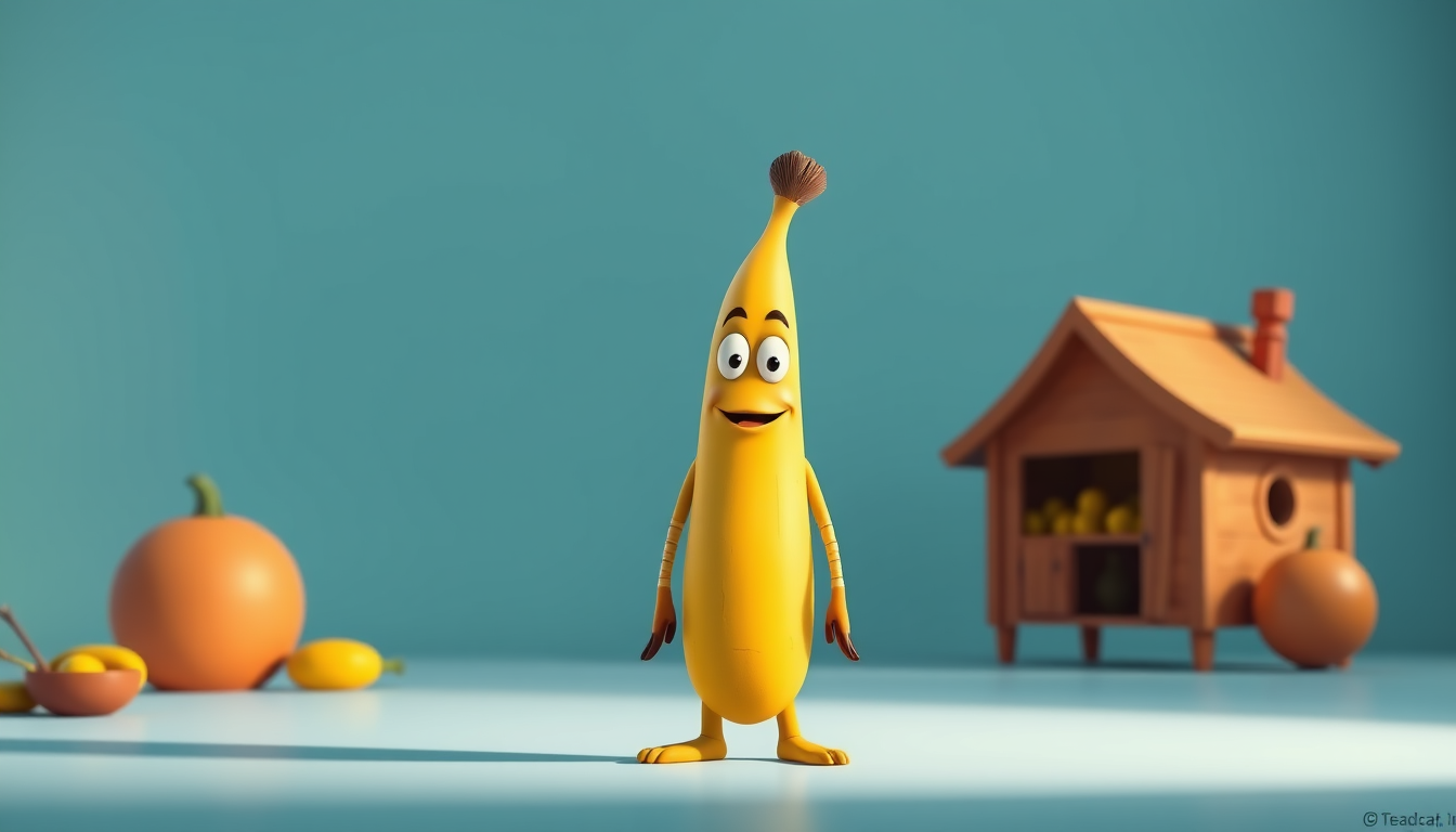 Generated illustration: A 3D Disney-style banana character centered in a wide, clean frame.
