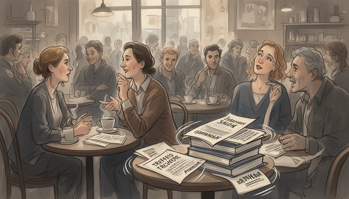 Generated illustration: A warm coffeehouse scene with people debating around tables covered in printed pamphlets, emphasizing conversation sparked by durable texts.