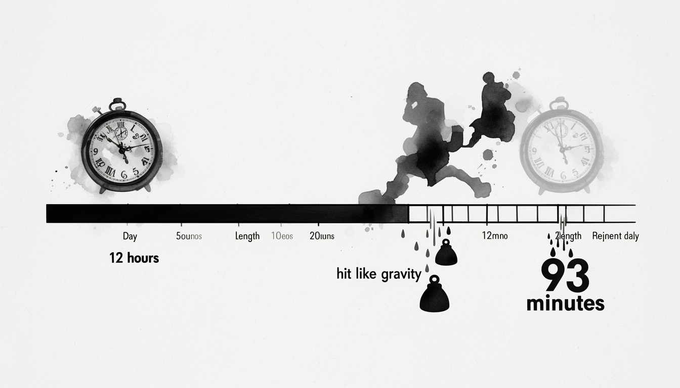 Generated illustration: A timeline graphic compresses a long 12-hour bar into a short 93-minute bar, with clock-face symbols and gravity-like visual cues.