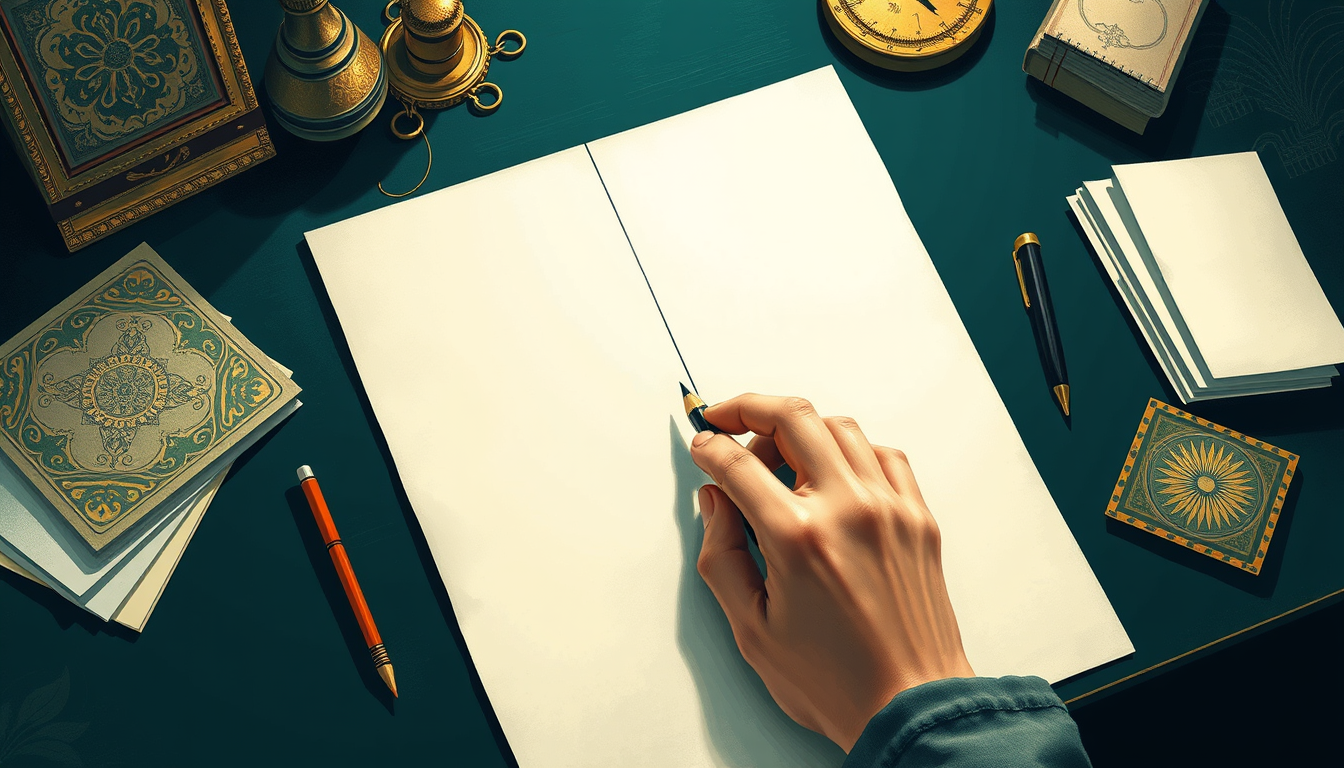 Generated illustration: A writer makes a deliberate first mark as a golden doorway opens beyond the page.
