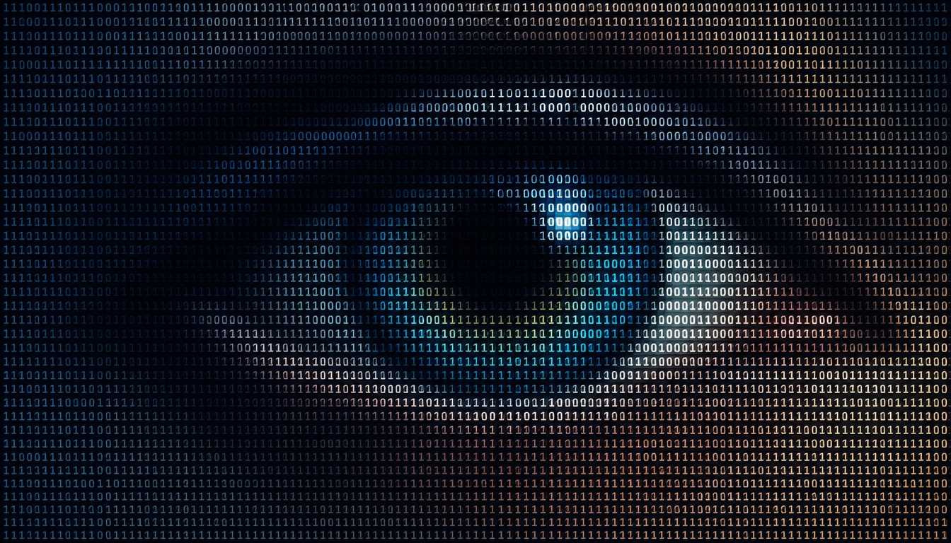 Generated illustration: A digital screen texture made of tiny zeros and ones forming a larger, coherent image.