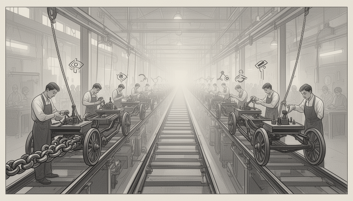 Generated illustration: A long, receding assembly line track shows chassis moving past evenly spaced workers, with rope transitioning to chain near the beginning.