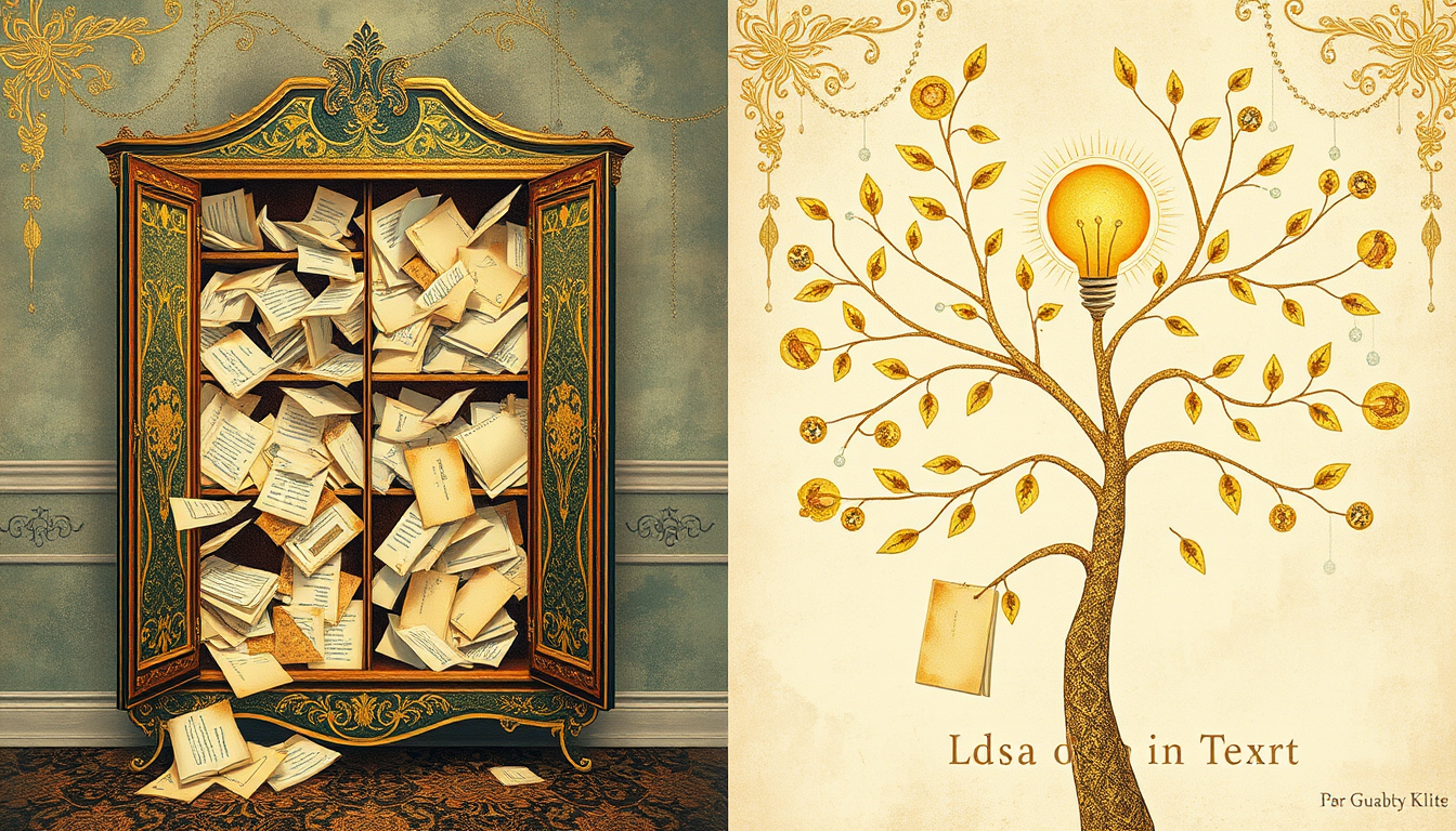 Generated illustration: Loose idea fragments overflow from a cabinet while one selected idea grows into a structured form.