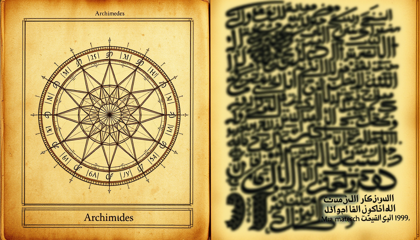 Generated illustration: A geometric diagram fading into heavy, dark religious calligraphy.