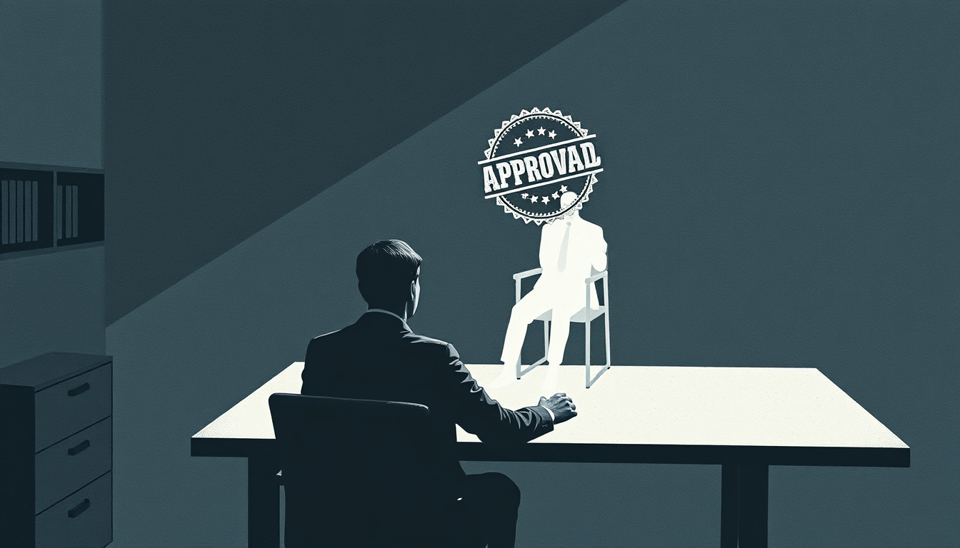 Generated illustration: A person waits at a desk while a translucent ghost sits in an empty chair holding implied authority.
