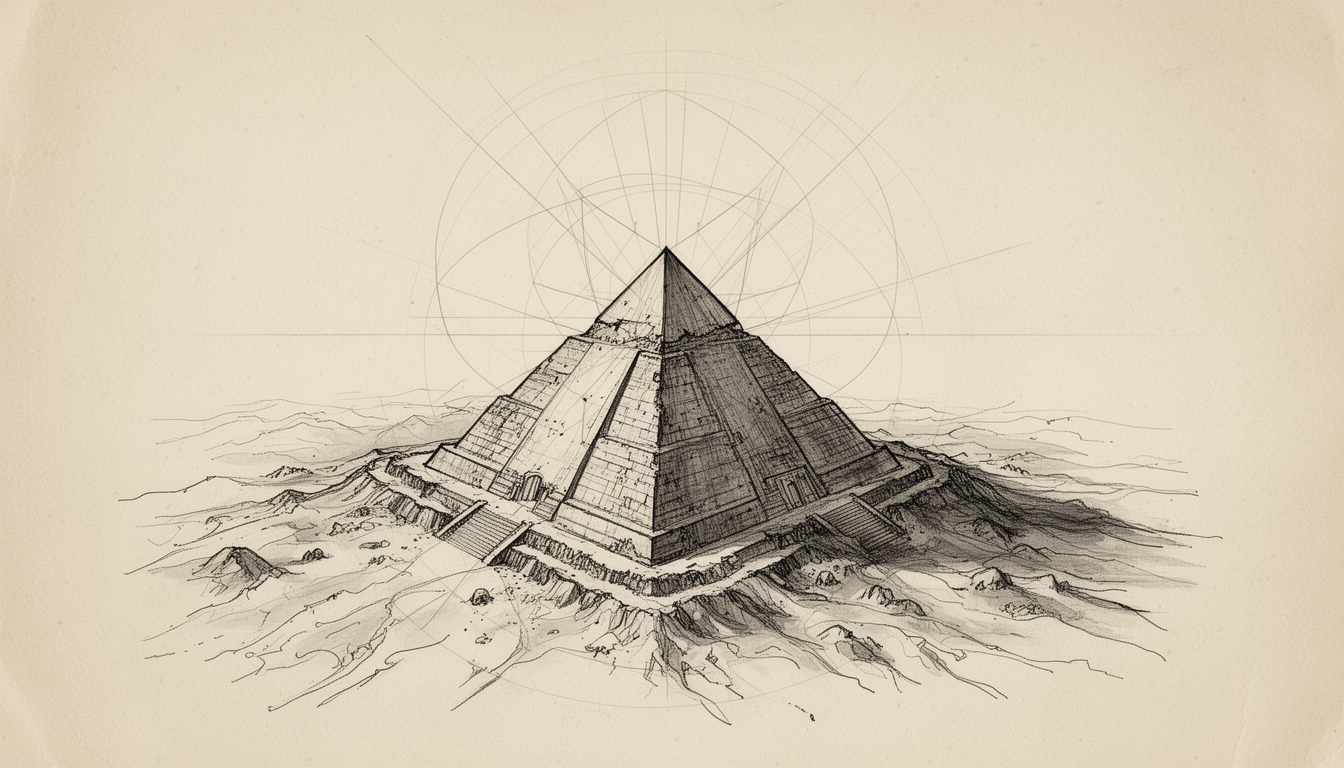 Generated illustration: A line drawing of the Giza plateau with geometric rays extending from the pyramids.