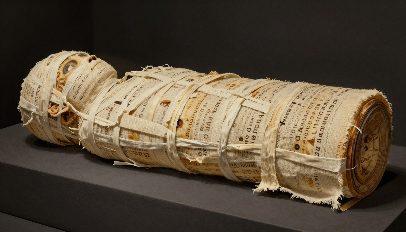 Generated illustration: A detailed illustration of linen bandages wrapped around a form, with faint ancient script visible on the fabric.