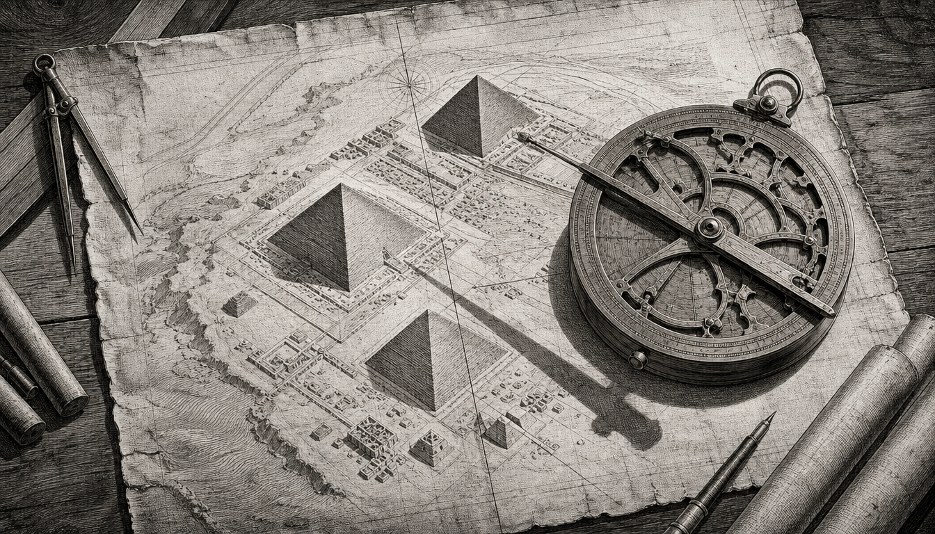Generated illustration: A compass rose merged with the shadows of the pyramids on the desert floor.