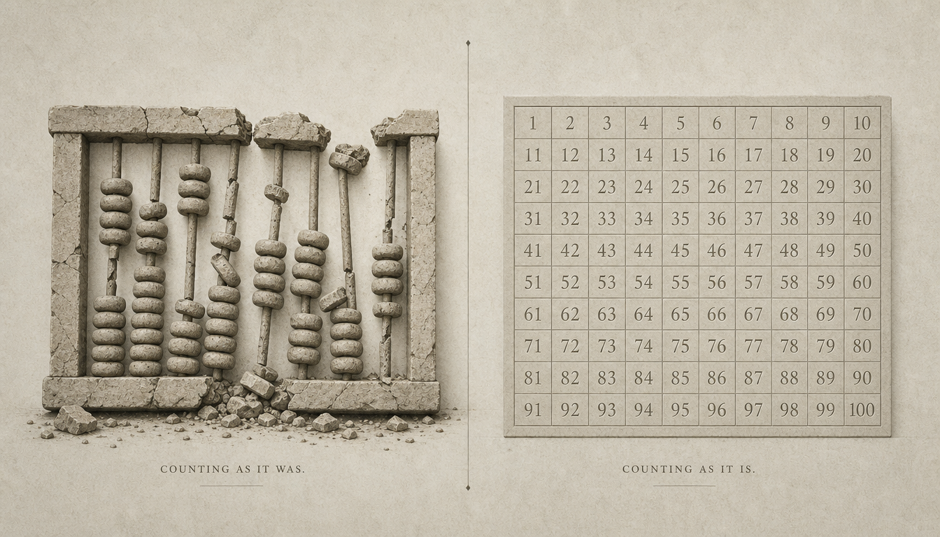 Generated illustration: A contrast of a collapsing, uneven stone abacus and a perfectly structured, modern numerical grid.