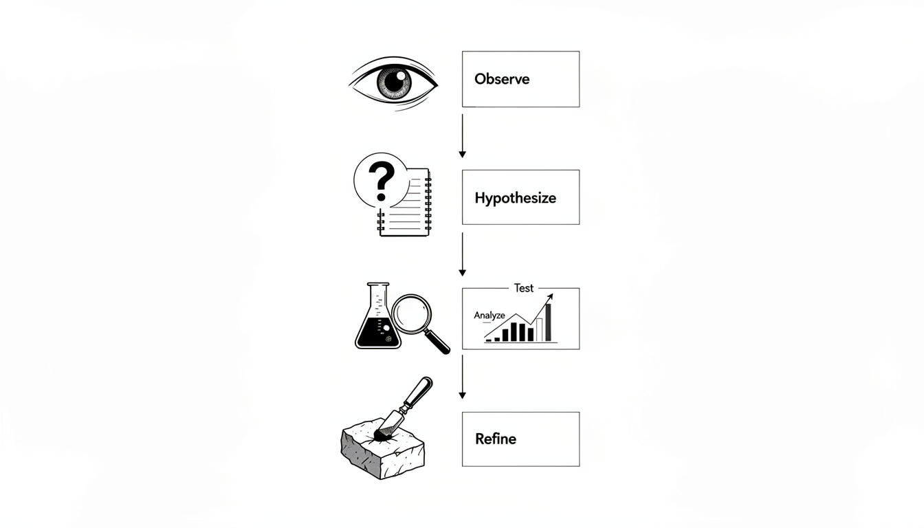 Generated illustration: A clean editorial flow shows icons for Observe, Hypothesize, Test, Analyze, and Refine connected in order.