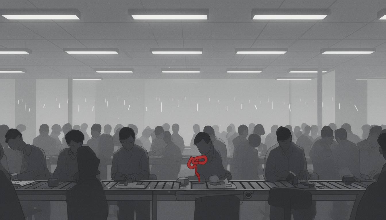 Generated illustration: A repetitive assembly-line interior shows workers performing identical motions at evenly spaced stations, illustrating monotony.