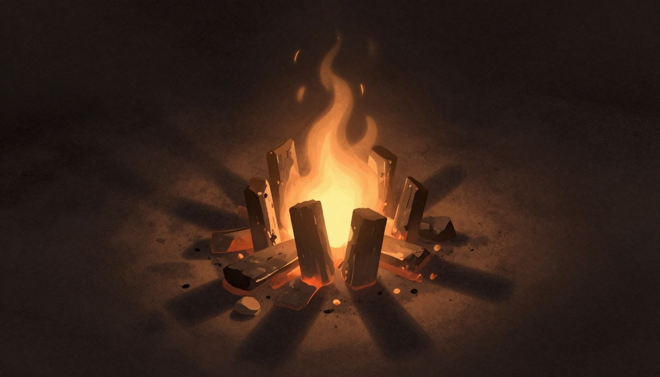 Generated illustration: A glowing pile of embers in the dark, symbolizing steady, long-term development.