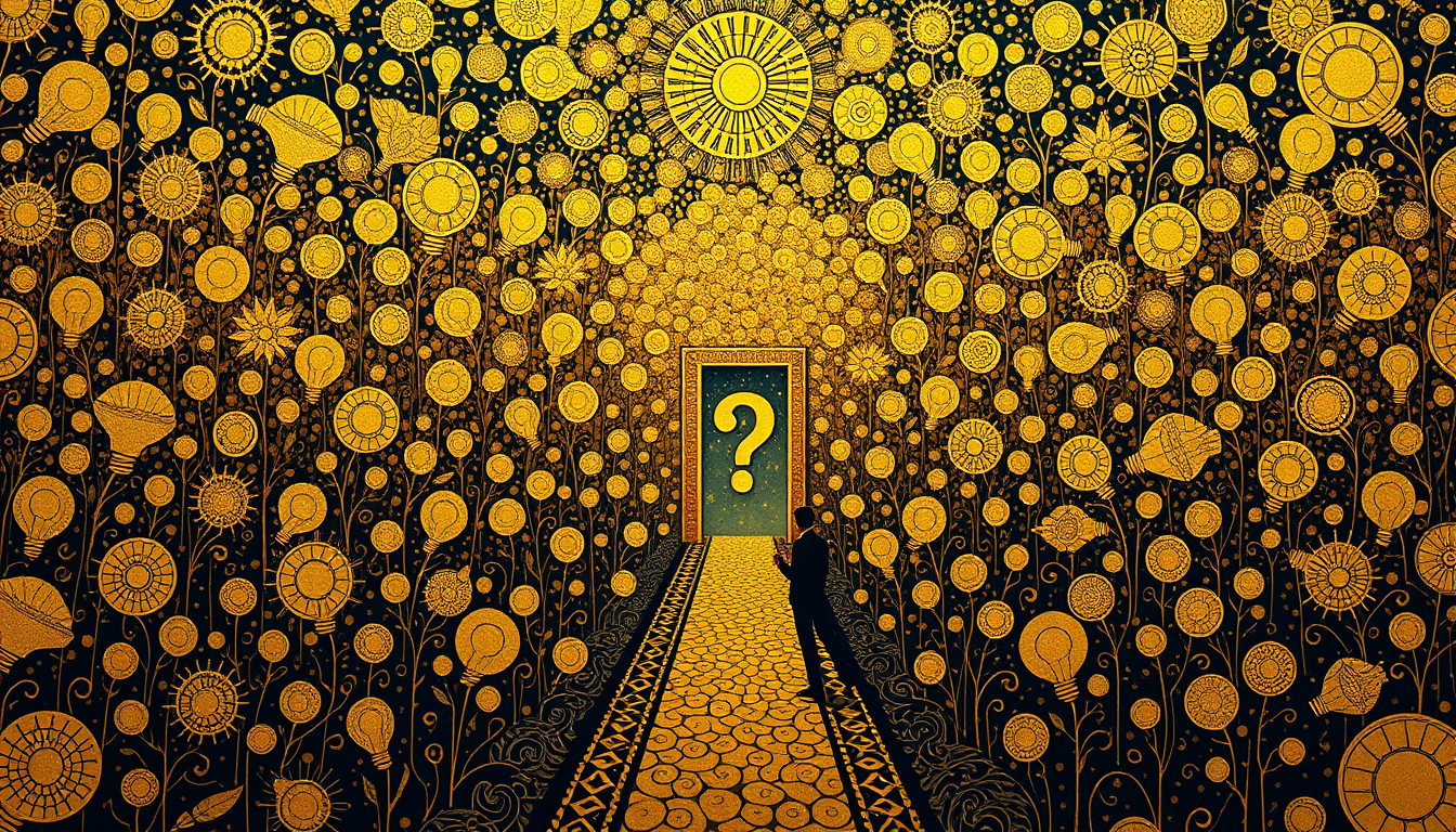 Generated illustration: A broad field of scattered ideas narrows into one path leading toward a question-shaped doorway.