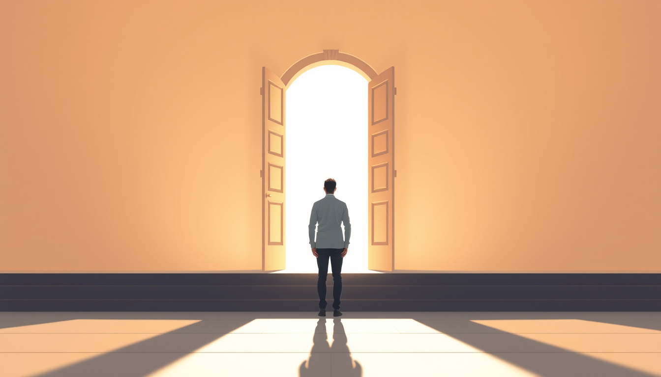 Generated illustration: An adult stands before an open doorway leading into daylight, with no gatekeeper present.