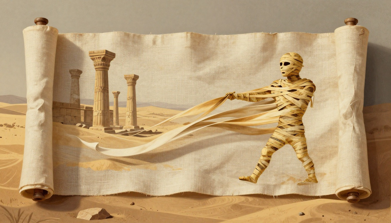 Generated illustration: A conceptual illustration showing a linen scroll traveling across a landscape into an Egyptian tomb.