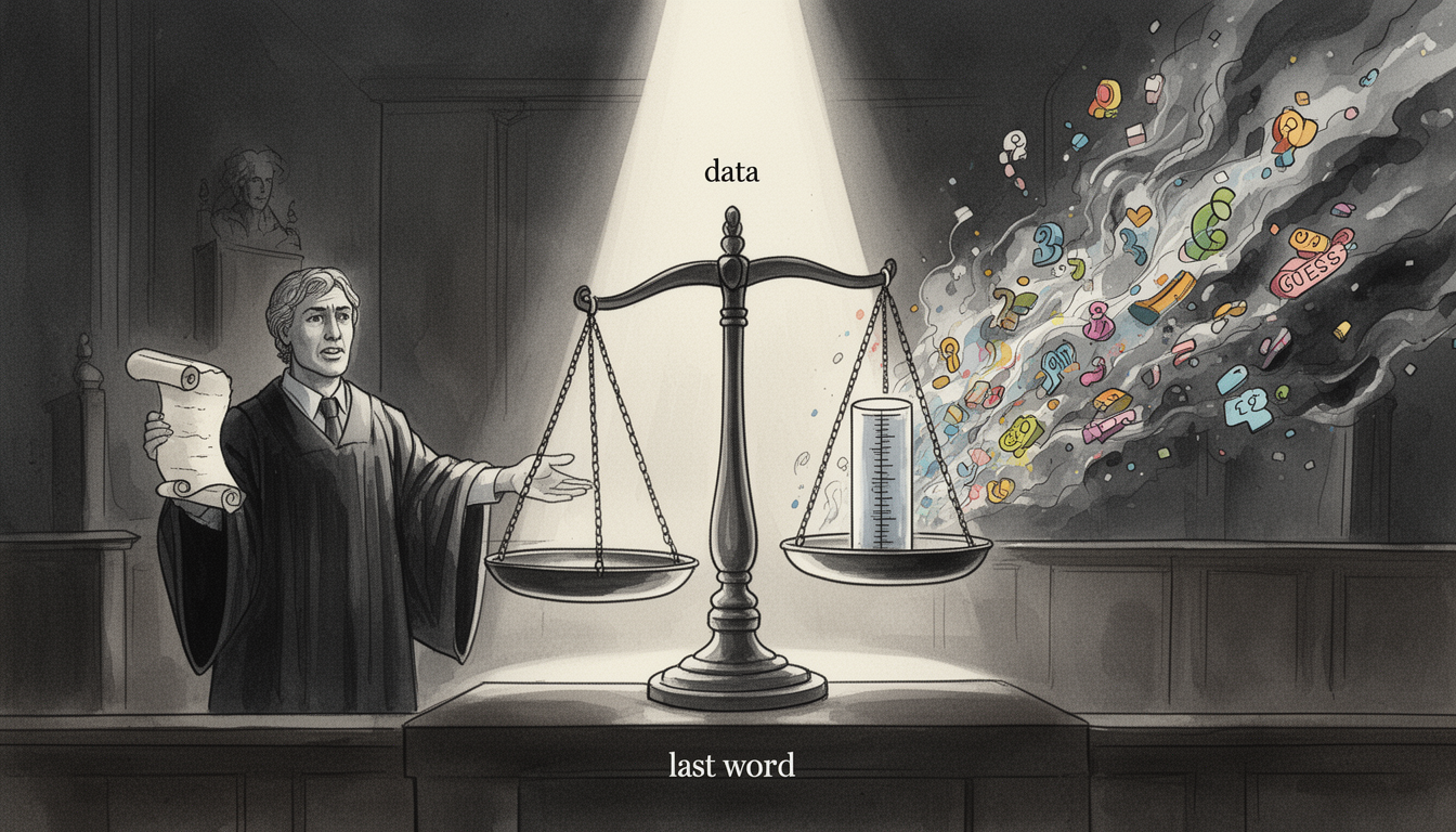 Generated illustration: A symbolic “last word” moment shows a data scale outweighing dissipating colorful guesses in a courtroom-like scene.