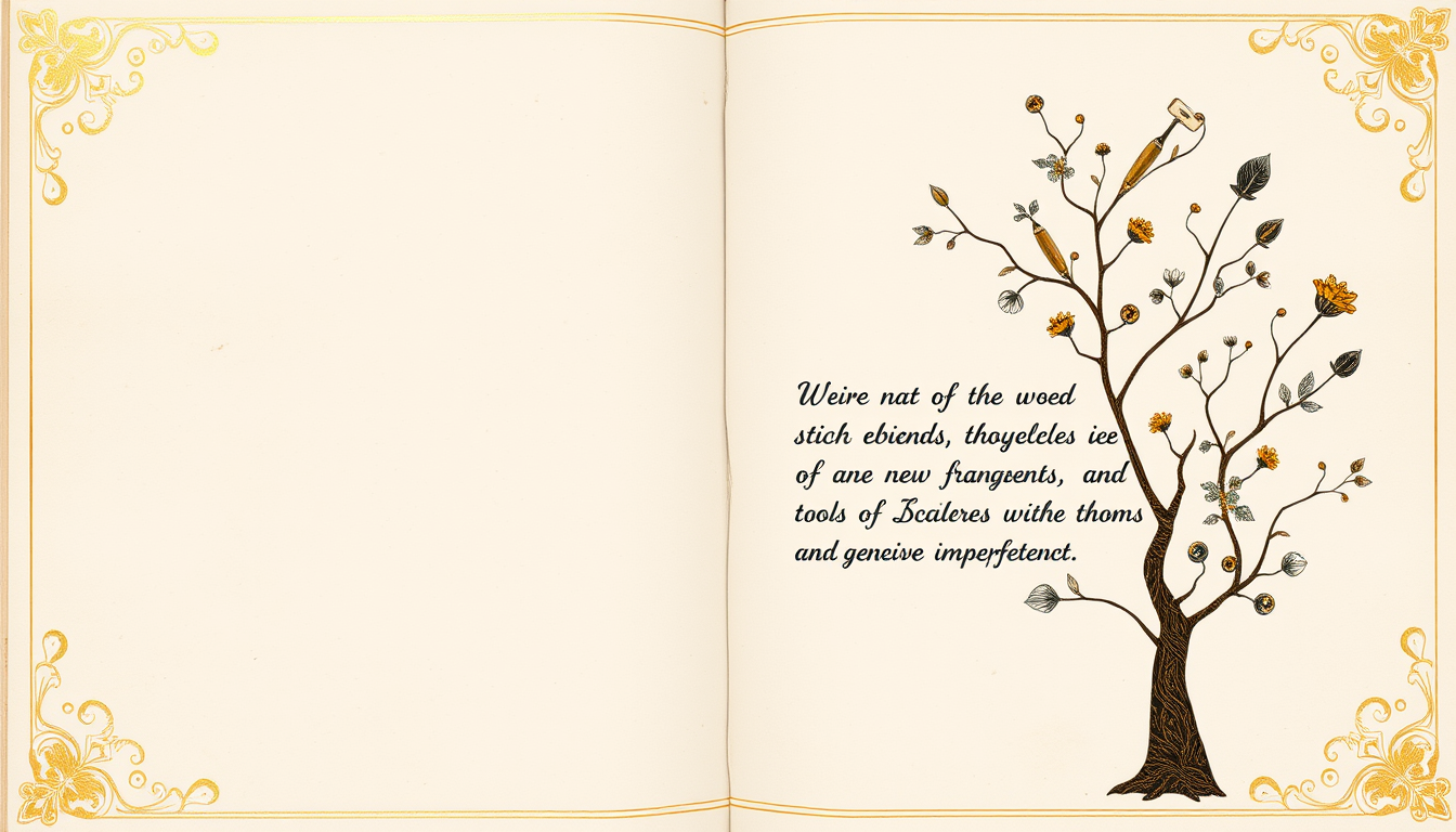 Generated illustration: A rough handwritten sentence grows into branching ideas beside an untouched empty page.