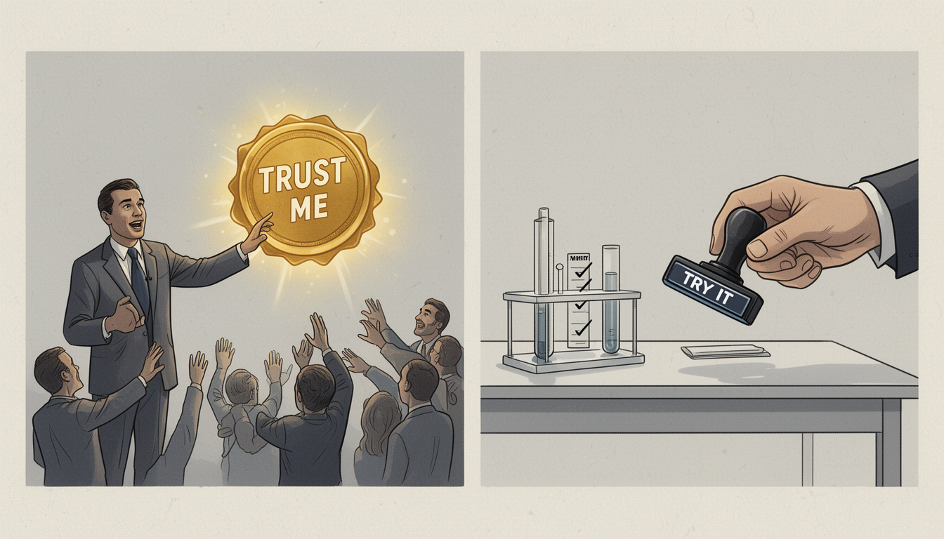 Generated illustration: A split-screen illustration contrasts “Trust me” (a glowing seal and speaker) with “Try it” (a test bench and checklist stamp).