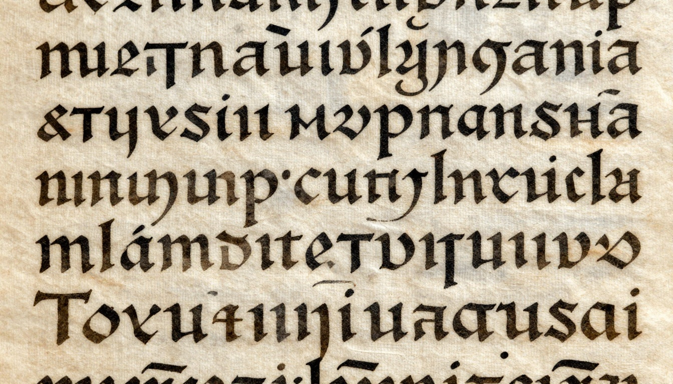 Generated illustration: A close-up view of ancient Etruscan script written on a piece of aged, textured linen.