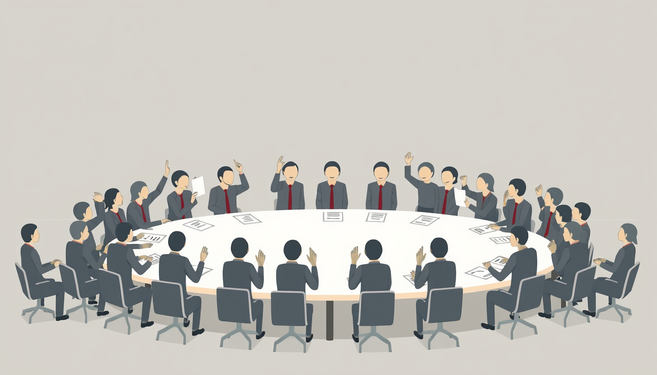 Generated illustration: A small idea is buried beneath a crowded committee meeting and piles of conditions.