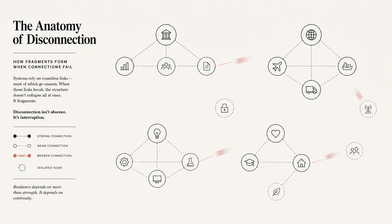 Generated illustration: A clean network diagram of nodes is mostly connected, but many connecting lines fade or break, leaving isolated clusters.