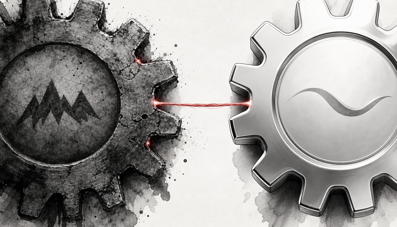 Generated illustration: Two gear-like forms show rough worn contact versus smooth frictionless contact, with a faint signal glow only at rough points.