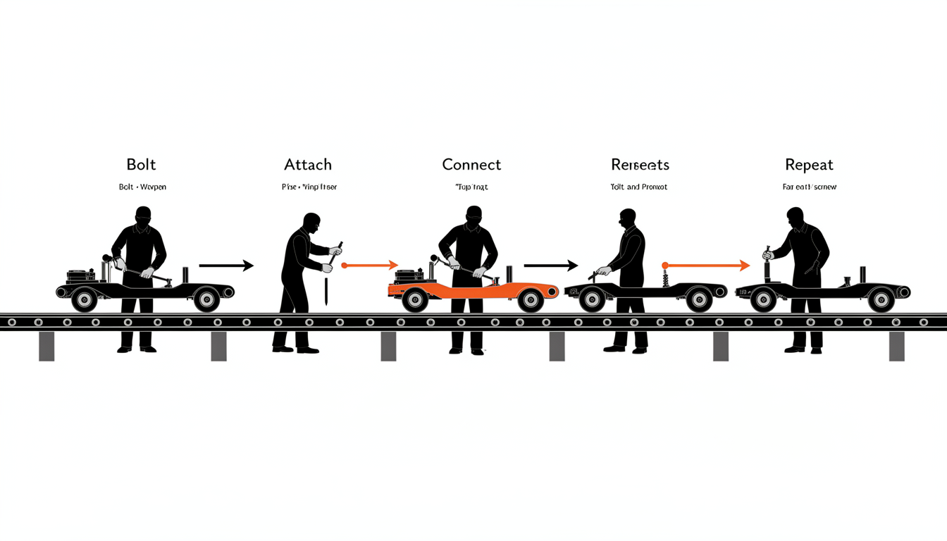 Generated illustration: A clean diagram shows workers in sequence along a conveyor, each performing one labeled step as the chassis icon moves past.