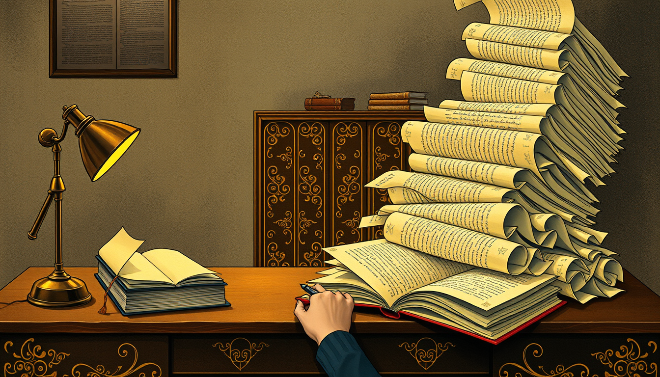 Generated illustration: A small finished booklet glows beside a much larger abandoned manuscript of scattered pages.