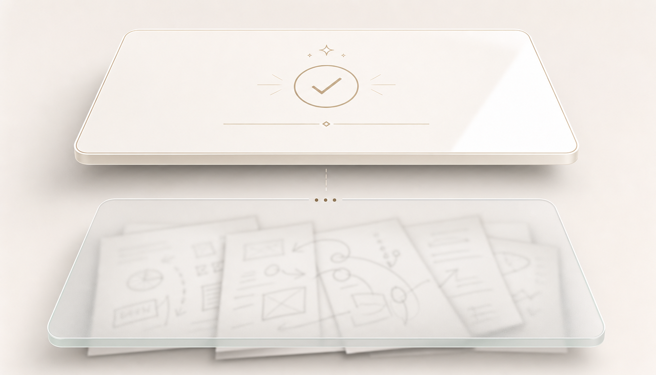 Generated illustration: A clean final-answer card sits above blurred draft marks, separated by a small gap to show thinking is hidden.