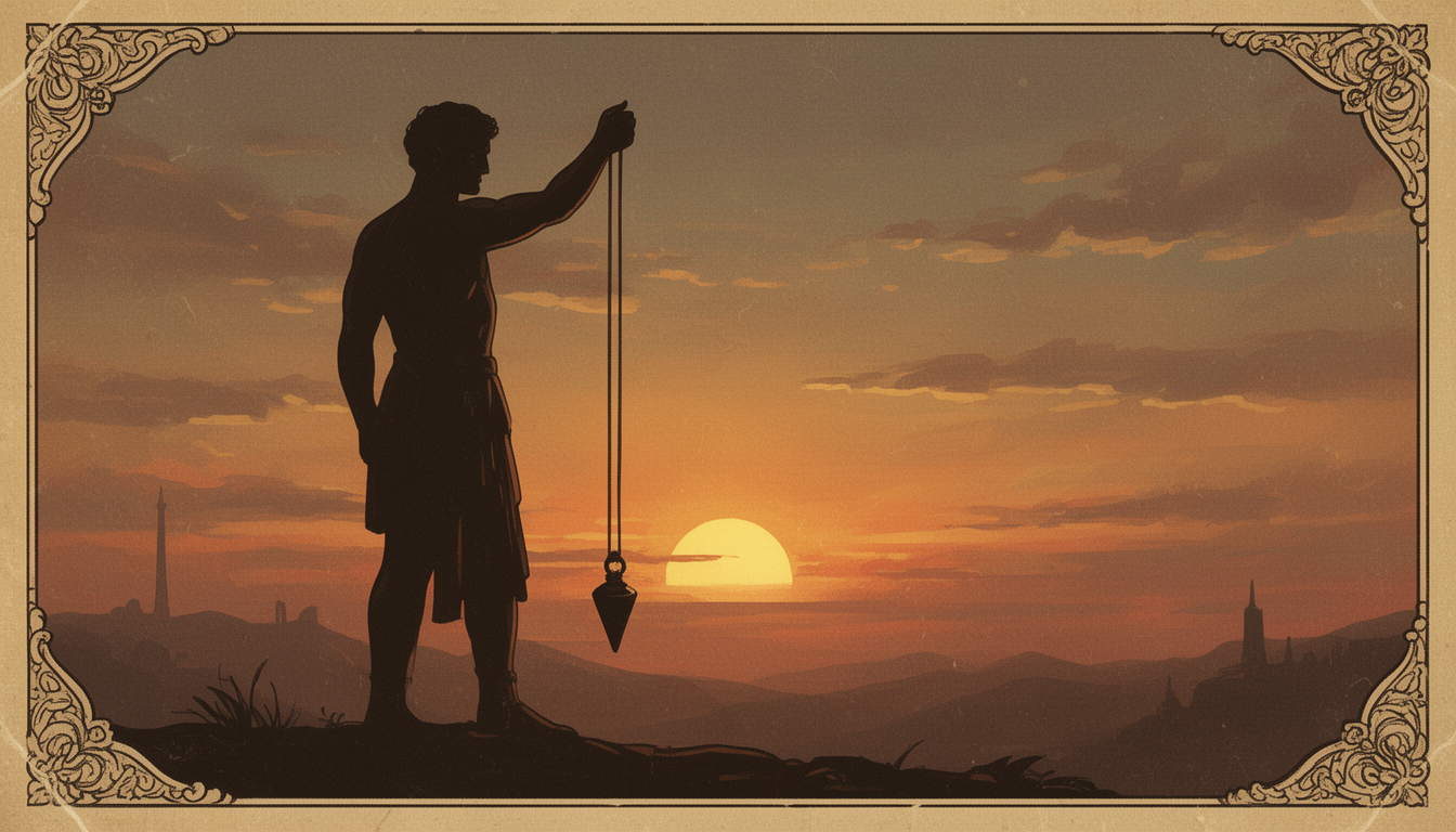 Generated illustration: A silhouette of an ancient observer using a plumb line.