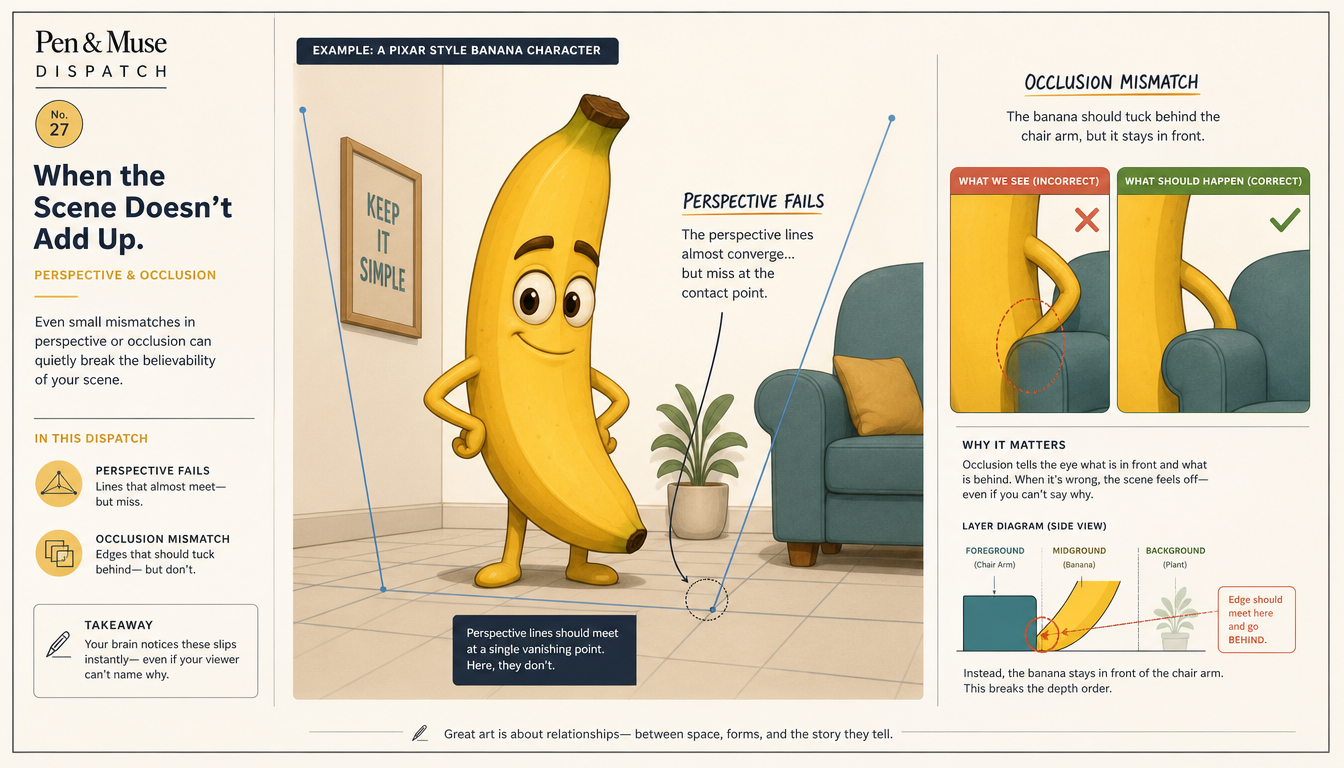Generated illustration: A pixar style banana character in a simple scene with highlighted perspective lines and a misaligned occlusion contact point to show edges that should meet but don’t.