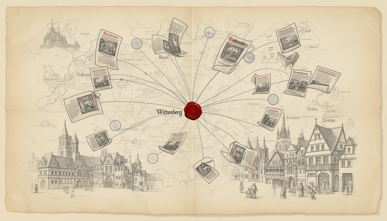 Generated illustration: A parchment map with a central origin point sending broadsheet pages along radiating routes to multiple towns.
